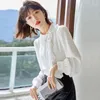 Women's Blouses Diagonal Collar Ruffle Splice Long Sleeve White Shirt Women Tops Spring Autumn Office Lady Elegant Chic Loose Black Blouse