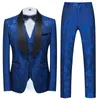 Mäns kostymer lyxiga Royal Blue Jacquard Suit Set For Men Wedding Party Grooms Mariage Outfit Evening Dinner Host Slim Fit Blazer Vest Pants