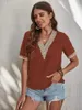 Blusas femininas blusa casual tops 2023 verão impressão oco renda com decote em v feminino camisa de manga curta S-XXXL