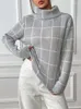 Suéteres para mujer Benuynffy Mujeres Turtleneck Oversize 2023 Otoño Invierno Manga larga Plaid Túnica Jersey Suéter Punto Tops Jumper