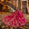 Red Off the Shoulder Ball Gown Quinceanera Dress Corset Gold Lace Appliques Beading Sweet 16 Dress Vestidos De XV Anos