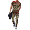 Herrspårar mode 2-stycken set rhombic casual korta ärmar tryck t-shirt jogging långa byxor kostymer camisetas ropa hombre