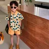 Kläder sätter 2023 sommarkoreanska pojkar och flickor Kontrast Floral Bubble Sleeve Dress Short Shorts Set Casual Baby Girl Outfit