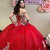 Rote, glänzende, schulterfreie Quinceanera-Kleider mit Spitzenapplikationen, Schnürkorsett, Abschlussball, Sweet 16, Vestido De 15 Anos