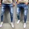 Jeans masculinos azul estiramento denim remendo rasgado magro magro moda streetwear personalidade enrugada