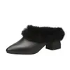 Hausschuhe Winter Woolen Close Toe Hausschuhe Frauen Sexy Pantoletten Mode Spitz Dicken Absätzen Faule Halbe Hausschuhe Weibliche Warme Schuhe Schwarz 231123