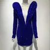 Robes décontractées Sexy col en V profond manches longues Sparkle Mini robe moulante de haute qualité bleu royal paillettes femmes anniversaire Club fête