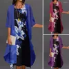 Casual Dresses Classic Dress Cardigan Set Breathable Coat Sleeveless Flower Print Vest Style Chiffon Shawl Anti-UV