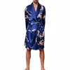 Men's T Shirts Spring Autumn Soft Satin Bathrobe Dragon Pattern Printed Pajamas Long-Sleeve Nightgown