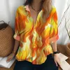 Blusas femininas chama 3d impresso camisa de manga longa outono simples único breasted moda rua solta casual gola virada para baixo