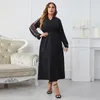 Plus -klänningar Moslem Casual Dress Woman 2023 Autumn V Neck Short Sleeve Party Maxi Long Solid Black Curvy Clothing