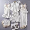 Mulheres sleepwear branco laço mulheres 5 peça conjunto primavera cetim roupão de noite sleep terno homewear quimono pijama nightdress loungewear