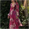 Grundläggande avslappnade klänningar Autumn Women Dresses Fashion Bohemian Floral Printed V Neck Long Sleeve Pleated Chiffon Dress Wholesale Ship Z4 Dhgau