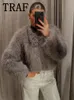 Wool Blends Traf Faux Fur Kurtki dla kobiet jesienna kurtka z uprawą Kobieta z miękkim płaszczem z długim rękawem w odzieży wierzchniej 231123