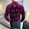 Koszule męskie purpurowe róże koszule flanne dla mężczyzn luksusowy kwiat nadruk długie rękawowe szczupłe fit męskie sukienka koszula klub scena