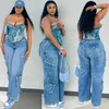Kvinnors jeans gotoola casual 3-dimensionell flerficka byxor solida färg raka ben byxor knappar hip hop lady denim länge