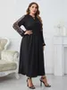 Plus -klänningar Moslem Casual Dress Woman 2023 Autumn V Neck Short Sleeve Party Maxi Long Solid Black Curvy Clothing