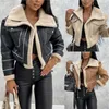 Women's Leather Black Lambswool Jacket Winter Thickened Velvet Motorcycle Faux Stitching Coat PU Plush Cardigan Turndown Collar Tops S-L