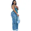 Kvinnors jeans gotoola casual 3-dimensionell flerficka byxor solida färg raka ben byxor knappar hip hop lady denim länge