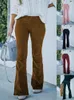 Kadın pantolon kadife vintage elastik bel uzun kadın moda katı çok yönlü geniş bacak pantolon zarif bayan ince alevli cepler pantolon