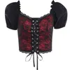 Women's T Shirts Aesthetic Vintage Gothic T-shirt Women Coquette Elegant Y2k Sexy Lace Patchwork Puff Sleeve Bandage Corset Crop Tank Top