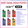 Kit d'origine IGET BAR 3500 bouffées de cigarettes électroniques jetables Kit de démarrage de vape Pod Cartouche préremplie de 12 ml Batterie d'alimentation de 1500 mAh Authentique roi de la légende