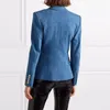 女性のスーツブレザーディープブルー模倣デニムダークパターンファブリックスリムフィットダブル胸肉のスーツコート231123