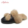 Pantoufles Aphixta réel fourrure pantoufles chaussures femme Mules femmes fourrure pantoufles hiver chaud femmes chaussures mode pantoufles lapin cheveux 231123