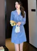 Casual Dresses 2023 Blue Long Sleeve Bow Polo Collar Mini Dress Women Korean Fashion Bodycon Party Autumn Satin Elegant Office Lady