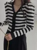 Women's Knits JMPRS French Temperament Puff Sleeve Zipper Striped Cardigan Fall Fashion V Neck Crop Tops Female Double Knit Clothes