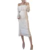Women's casual dresses white color slash neck off shoulder flare long sleeve slim waist lace miidi long vestidos SMLXL