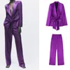 Pantaloni a due pezzi da donna Vintage Solid Purple Abiti da donna Manica lunga Bow Blazer in pizzo Vita alta elastica Moda 2023 Office Lady