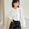 Women's Blouses Diagonal Collar Ruffle Splice Long Sleeve White Shirt Women Tops Spring Autumn Office Lady Elegant Chic Loose Black Blouse