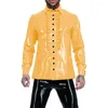 Men's Casual Shirts Wetlook Glossy PVC Long Sleeve Men Tops Faux Latex Slim Turn-down Neck Button-up Shirt With Ruffles High Street Party