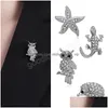 Pins broches adorável cristal strass animal broche coruja ouriço estrela do mar roupas lapela pino para mulheres jóias sier cor liga dr dhp6w