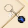 Porte-clés Créatif Douze Constellations Temps Gem Verre Patch Collier Porte-clés Explosion Alliage Pentagramme Suspendu