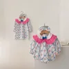 Flickaklänningar 2023 Spring Sister Matching Wear Clothes For Kids Baby Girls Floral Printed A-Line Dress and Rumpers med Bowknot Outfits