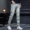 Jeans da Uomo Patchwork Belli e Personalizzati con Fori sui Bordi Grezzi Tendenza Vintage Versatile Giovane per Uomo