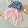 Flickklänningar Suefunskry Kids Girls Tulle denim Patchwork Dress Långärmad lapel-knapp Oregelbunden hem A-Line 3-7 år