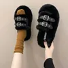 Slippare Winter Fur Slippers Autumn Gothic Belt Buckle Platform Slides Flat Heel Plush Warm Home Slippers Soft Rabbit Hair Tisters 231123