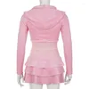 Work Dresses HOUZHOU Pink Velvet Two Piece Set For Women Y2k Zip Up Long Sleeve Cropped Hoodie Kawaii Lace-up Ruffles Skirt Autumn Winter