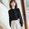 Women's Blouses Diagonal Collar Ruffle Splice Long Sleeve White Shirt Women Tops Spring Autumn Office Lady Elegant Chic Loose Black Blouse