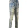 Mäns jeans män #b1051 nödställda motorcykel ribbor lapptäcke smalt rippad stretch cyklist tvättad blå denim storlek 28-40