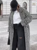 Femmes Mélanges Femme Élégant Plaid Long Manteau Femme Chic Automne Et Hiver À Manches Longues Col Rabattu Manteaux Dames Ceinture Fendue Vêtements 2023 231123