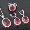 Ketting oorbellen set elegante rode steen kubieke zirkonia dames zilveren kleur oorbellen/hanger/ketting/ringen qz044