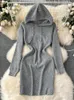 Casual Dresses Autumn White Slim Elegant Long Sleeve Hooded Mini Dress Women Black Gray Knit Hip Wrap Fashion