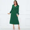 Casual Dresses 2023 Autumn Solid Color Elegant Fashion Temperament Sexig Pullover V-Neck Mid midja Lantern Sleeve Pleated Cross Dress