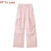 Women's Pants Y2K Pink Cargo Wide Leg Trousers Coffee Casual Large Pockets Pleated Straight Button Quality Rose Red Blue Outfit