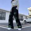 Pantalon Femme Hip Hop Femmes Vert Graffiti Imprimer Casual Printemps Automne Vintage Poche Taille Élastique Streetwear Mode Pantalon Lâche