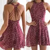 فساتين غير رسمية للسيدات بوهو الشاطئ الصيفي العطلة Tumblr Sundress Halter Floral Mini Dress Ladies Slimless Vestido Playa 2023
